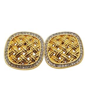 Swarovski Crystal Clip On Earrings Square Basketweave Gold Tone Swan Statement